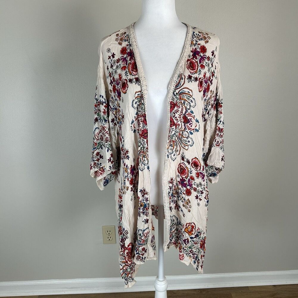 Bila Kimono Cardigan Floral Mandala Print M/L Cream Top Coverup Lace Trim